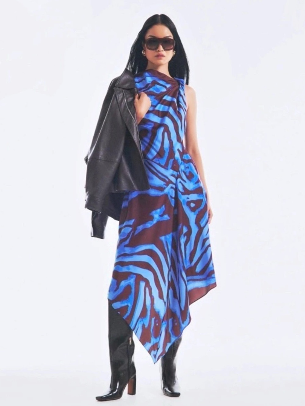 River Island Blue Satin Zebra Print Asymmetric Midi Dress Size 4